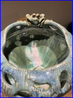 Chinese Studio Art Pottery Tree Trunk Vase with Frog & Wood Stand Signed