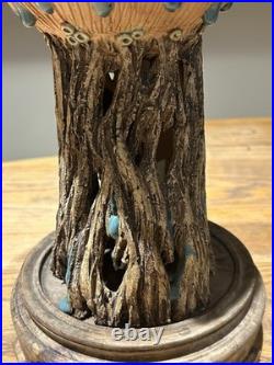 Chinese Studio Art Pottery Tree Trunk Vase with Frog & Wood Stand Signed