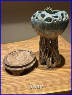 Chinese Studio Art Pottery Tree Trunk Vase with Frog & Wood Stand Signed