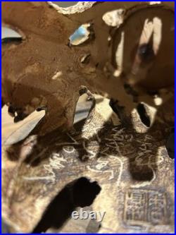 Chinese Studio Art Pottery Tree Trunk Vase with Frog & Wood Stand Signed