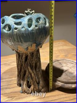 Chinese Studio Art Pottery Tree Trunk Vase with Frog & Wood Stand Signed