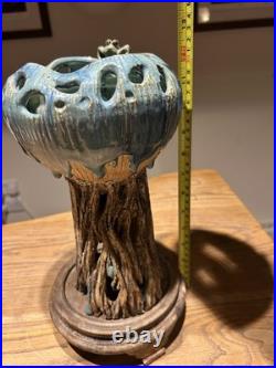 Chinese Studio Art Pottery Tree Trunk Vase with Frog & Wood Stand Signed