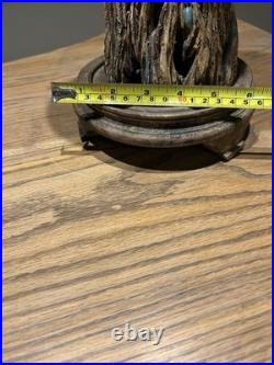 Chinese Studio Art Pottery Tree Trunk Vase with Frog & Wood Stand Signed