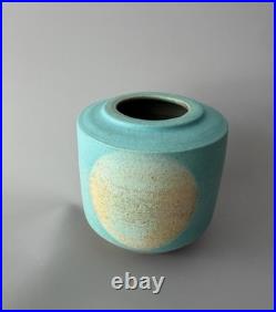 Chris Jenkins Studio Pottery Vase Turquoise & Buff Stoneware Signed CJ 10.5
