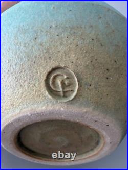 Chris Jenkins Studio Pottery Vase Turquoise & Buff Stoneware Signed CJ 10.5