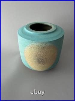 Chris Jenkins Studio Pottery Vase Turquoise & Buff Stoneware Signed CJ 10.5