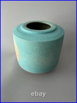 Chris Jenkins Studio Pottery Vase Turquoise & Buff Stoneware Signed CJ 10.5