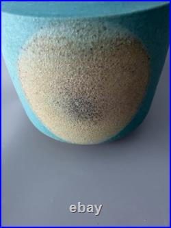 Chris Jenkins Studio Pottery Vase Turquoise & Buff Stoneware Signed CJ 10.5