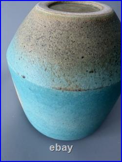 Chris Jenkins Studio Pottery Vase Turquoise & Buff Stoneware Signed CJ 10.5