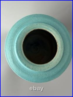Chris Jenkins Studio Pottery Vase Turquoise & Buff Stoneware Signed CJ 10.5