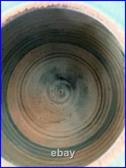 Chris Jenkins Studio Pottery Vase Turquoise & Buff Stoneware Signed CJ 10.5