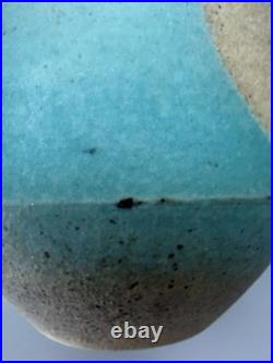 Chris Jenkins Studio Pottery Vase Turquoise & Buff Stoneware Signed CJ 10.5