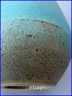 Chris Jenkins Studio Pottery Vase Turquoise & Buff Stoneware Signed CJ 10.5 Chris Jenkins Studio Pottery Vase Turquoise & Buff Stoneware Signed CJ 10.5