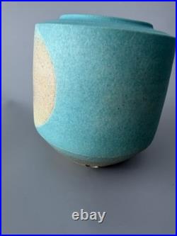 Chris Jenkins Studio Pottery Vase Turquoise & Buff Stoneware Signed CJ 10.5