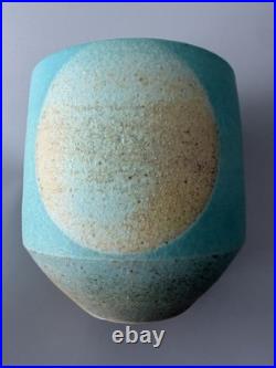 Chris Jenkins Studio Pottery Vase Turquoise & Buff Stoneware Signed CJ 10.5