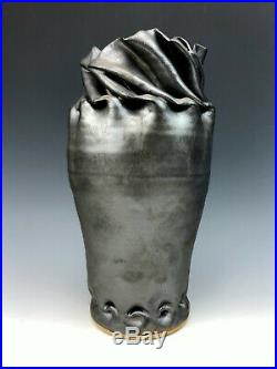 Clark House Pottery Ohrigami Folded George Ohr Style Vase Gunmetal Gray 2015