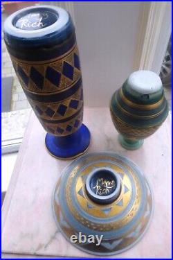 Collection 3 MARY RICH POTTERY vases +bowl cobalt blue green gold lustre signed