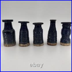 Denise Wren, Oxshott Studio Pottery 5 Miniature Vases, Blue Glaze, Signed Denise Wren, Oxshott Studio Pottery 5 Miniature Vases, Blue Glaze, Signed