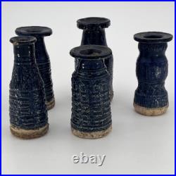 Denise Wren, Oxshott Studio Pottery 5 Miniature Vases, Blue Glaze, Signed Denise Wren, Oxshott Studio Pottery 5 Miniature Vases, Blue Glaze, Signed