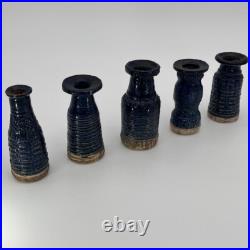 Denise Wren, Oxshott Studio Pottery 5 Miniature Vases, Blue Glaze, Signed Denise Wren, Oxshott Studio Pottery 5 Miniature Vases, Blue Glaze, Signed