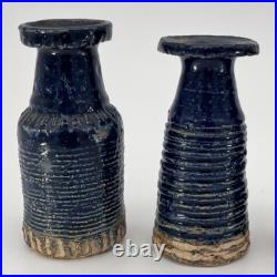 Denise Wren, Oxshott Studio Pottery 5 Miniature Vases, Blue Glaze, Signed Denise Wren, Oxshott Studio Pottery 5 Miniature Vases, Blue Glaze, Signed