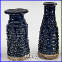 Denise Wren, Oxshott Studio Pottery 5 Miniature Vases, Blue Glaze, Signed Denise Wren, Oxshott Studio Pottery 5 Miniature Vases, Blue Glaze, Signed