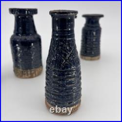 Denise Wren, Oxshott Studio Pottery 5 Miniature Vases, Blue Glaze, Signed Denise Wren, Oxshott Studio Pottery 5 Miniature Vases, Blue Glaze, Signed