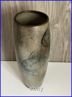 Denise Wren of Oxshott Pottery Signed Studio Art Medium Vase with Fish Pattern