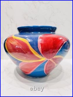 Diana Wolzak Handpainted Studio Pottery Vase Floral Abstract Blue Red 1991 Diana Wolzak Handpainted Studio Pottery Vase Floral Abstract Blue Red 1991