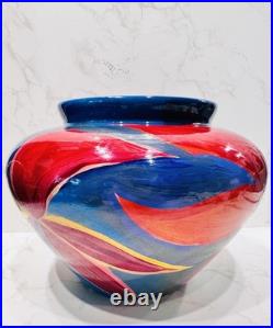 Diana Wolzak Handpainted Studio Pottery Vase Floral Abstract Blue Red 1991 Diana Wolzak Handpainted Studio Pottery Vase Floral Abstract Blue Red 1991