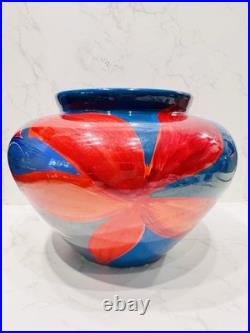 Diana Wolzak Handpainted Studio Pottery Vase Floral Abstract Blue Red 1991 Diana Wolzak Handpainted Studio Pottery Vase Floral Abstract Blue Red 1991