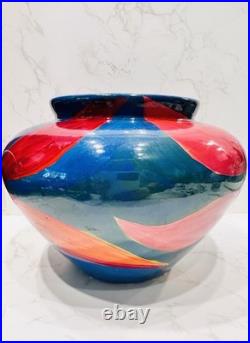 Diana Wolzak Handpainted Studio Pottery Vase Floral Abstract Blue Red 1991 Diana Wolzak Handpainted Studio Pottery Vase Floral Abstract Blue Red 1991