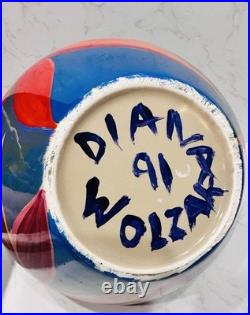 Diana Wolzak Handpainted Studio Pottery Vase Floral Abstract Blue Red 1991 Diana Wolzak Handpainted Studio Pottery Vase Floral Abstract Blue Red 1991