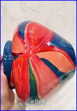 Diana Wolzak Handpainted Studio Pottery Vase Floral Abstract Blue Red 1991 Diana Wolzak Handpainted Studio Pottery Vase Floral Abstract Blue Red 1991