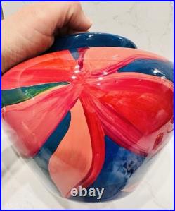 Diana Wolzak Handpainted Studio Pottery Vase Floral Abstract Blue Red 1991 Diana Wolzak Handpainted Studio Pottery Vase Floral Abstract Blue Red 1991