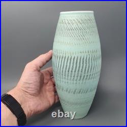 EMILY MYERS Studio Pottery Porcelain Vase Celadon Green with Linear Decoration