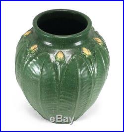 Early Ephraim Faience Studio Art Pottery Primrose Vase Matte Green Yellow Buds
