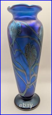 Early Okra Glass Iridescent Vase Leaves Vines Cobalt Blue Richard Golding
