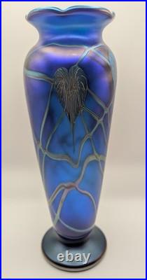 Early Okra Glass Iridescent Vase Leaves Vines Cobalt Blue Richard Golding