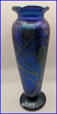 Early Okra Glass Iridescent Vase Leaves Vines Cobalt Blue Richard Golding