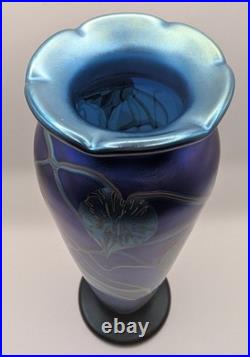 Early Okra Glass Iridescent Vase Leaves Vines Cobalt Blue Richard Golding
