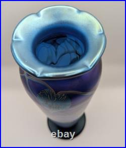 Early Okra Glass Iridescent Vase Leaves Vines Cobalt Blue Richard Golding