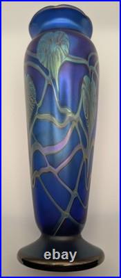 Early Okra Glass Iridescent Vase Leaves Vines Cobalt Blue Richard Golding
