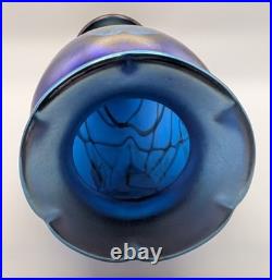 Early Okra Glass Iridescent Vase Leaves Vines Cobalt Blue Richard Golding