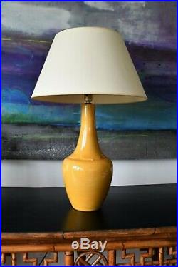 Elegant Mid 20th Century Yellow Orche Pottery Vase Brass Side Table Hall Lamp