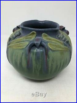 Ephraim Faience Art Pottery Shady Shoreline Dragonfly Green Blue Vase 5.25 2010