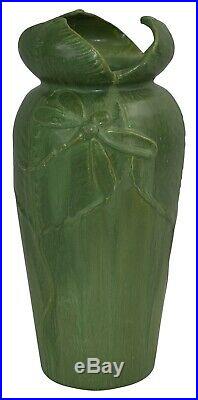 Ephraim Faience Pottery 2000 Experimental Matte Green Dragonfly Folded Rim Vase