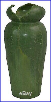 Ephraim Faience Pottery 2000 Experimental Matte Green Dragonfly Folded Rim Vase