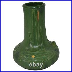 Ephraim Faience Pottery 2003 Matte Green Cattails, Lily Pad and Frog Vase 227