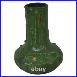 Ephraim Faience Pottery 2003 Matte Green Cattails, Lily Pad and Frog Vase 227